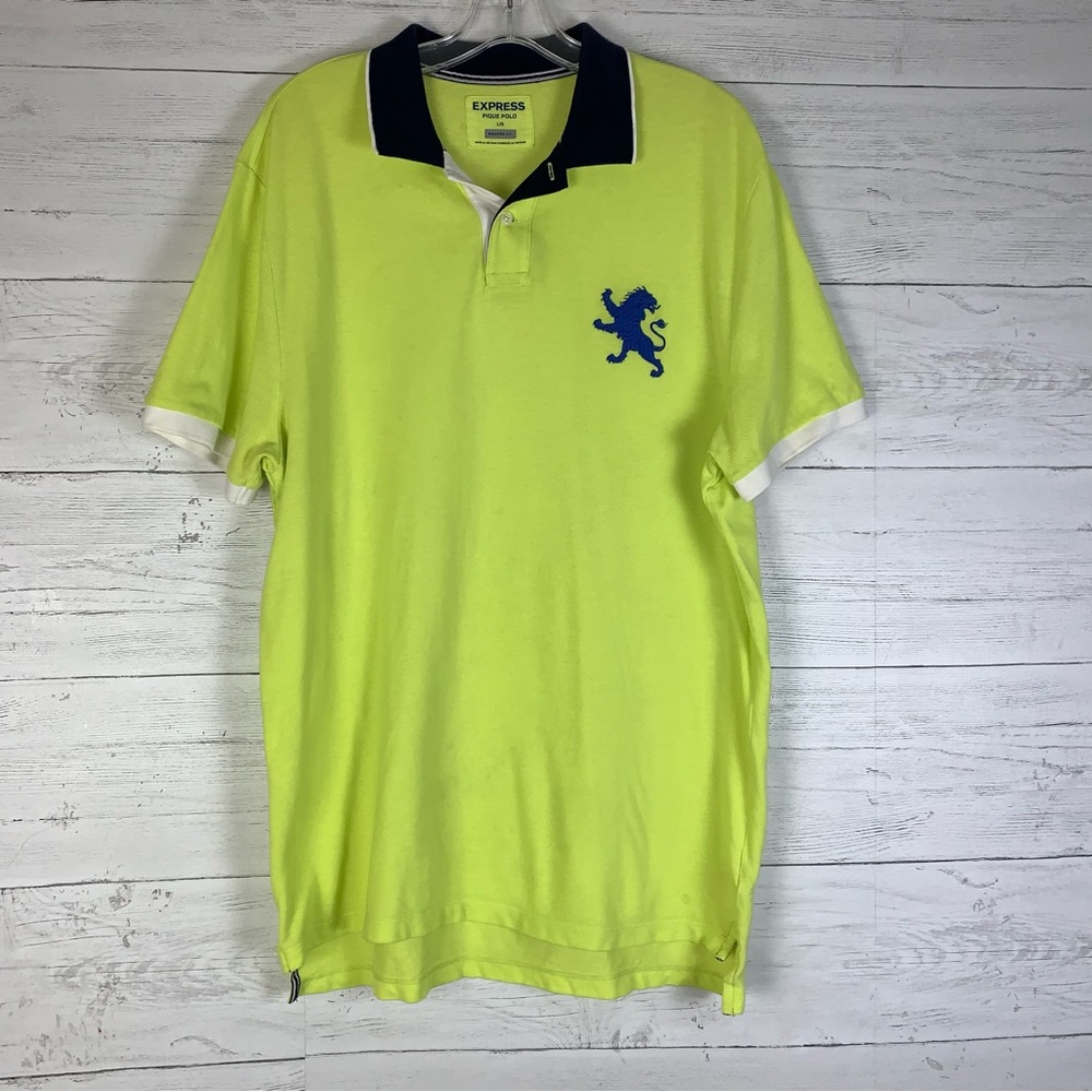 Express Polo Shirt Mens Large green Modern Fit Short Sleeve Casual Lion